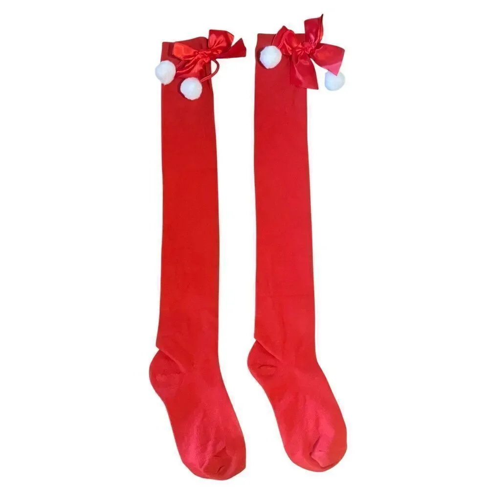 Christmas Solid Red Over-the-Knee Socks With Bow & Pom Poms
